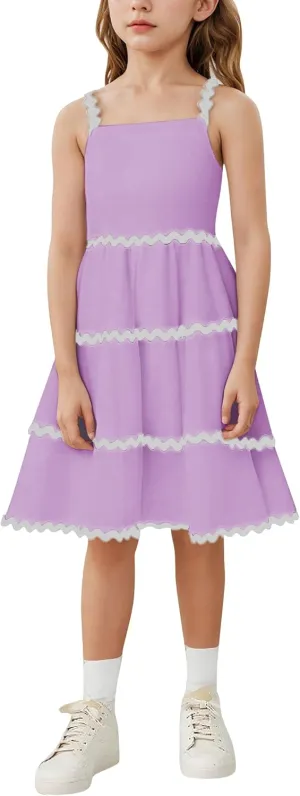 IDOPIP Toddler Girls Casual Dress Spaghetti Straps Rickrack Trim Dress Summer Sleeveless Flowy Smocked A Line Midi Sundress