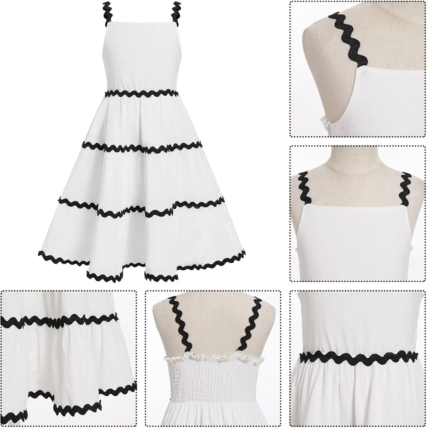 IDOPIP Toddler Girls Casual Dress Spaghetti Straps Rickrack Trim Dress Summer Sleeveless Flowy Smocked A Line Midi Sundress