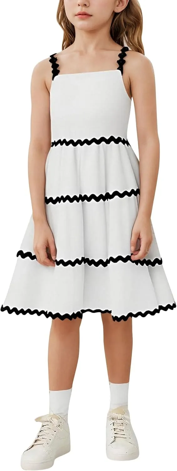IDOPIP Toddler Girls Casual Dress Spaghetti Straps Rickrack Trim Dress Summer Sleeveless Flowy Smocked A Line Midi Sundress