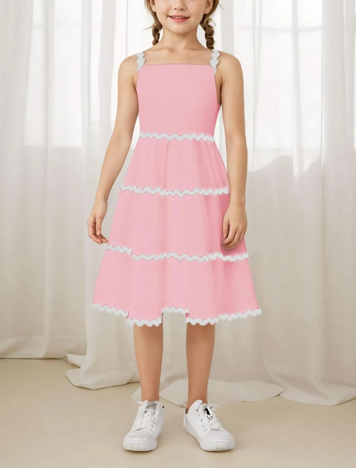 IDOPIP Toddler Girls Casual Dress Spaghetti Straps Rickrack Trim Dress Summer Sleeveless Flowy Smocked A Line Midi Sundress