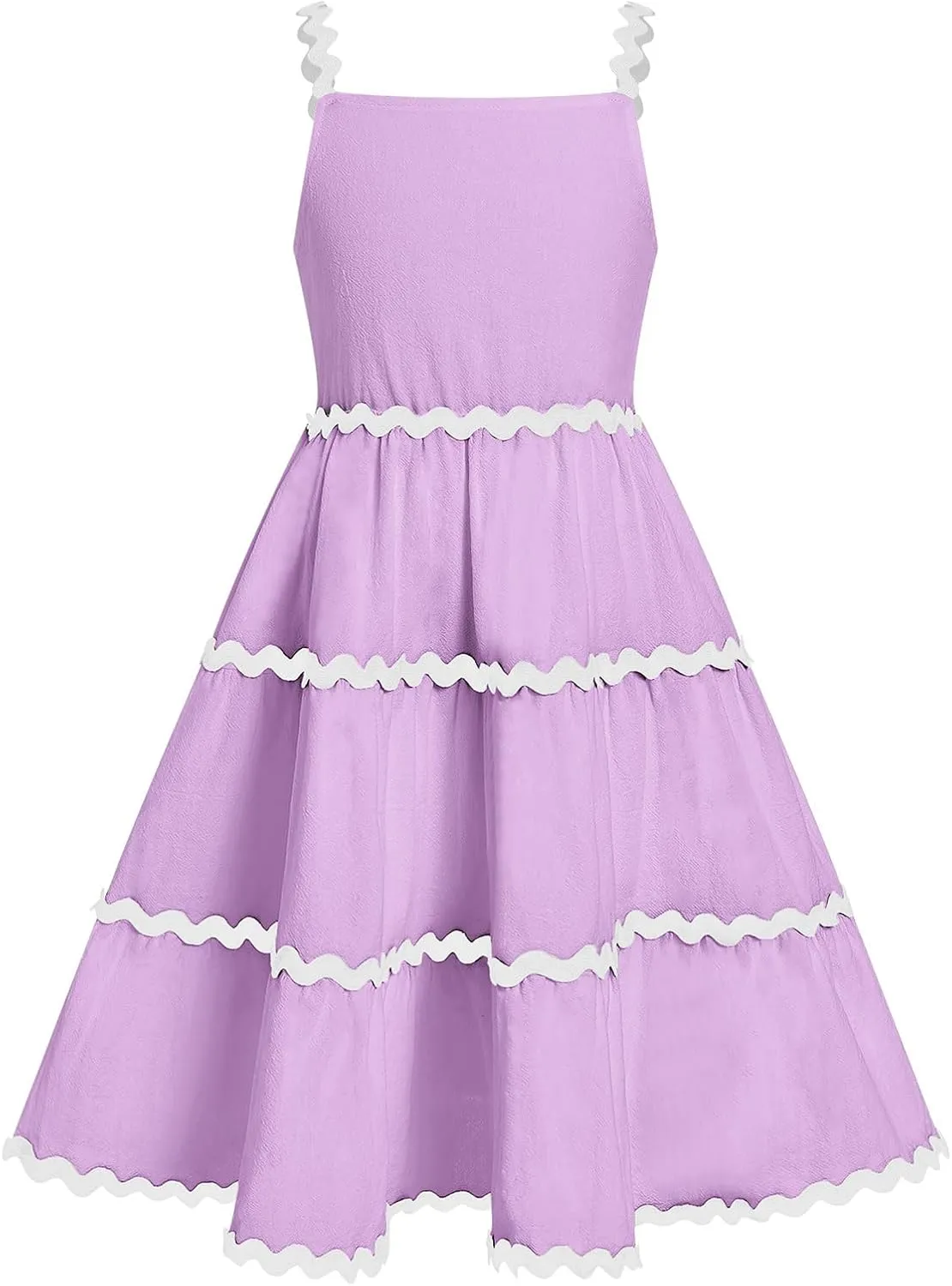 IDOPIP Toddler Girls Casual Dress Spaghetti Straps Rickrack Trim Dress Summer Sleeveless Flowy Smocked A Line Midi Sundress