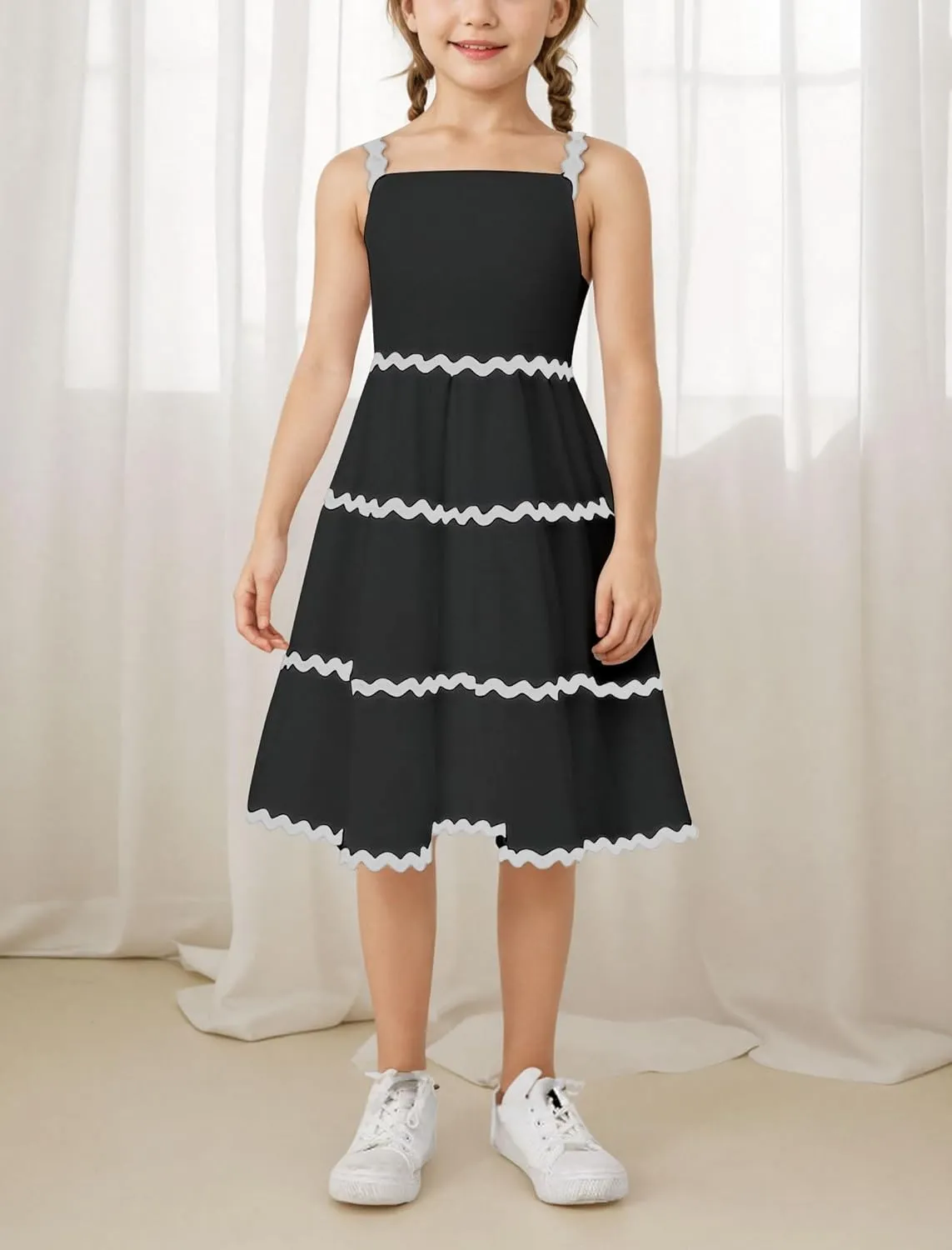IDOPIP Toddler Girls Casual Dress Spaghetti Straps Rickrack Trim Dress Summer Sleeveless Flowy Smocked A Line Midi Sundress
