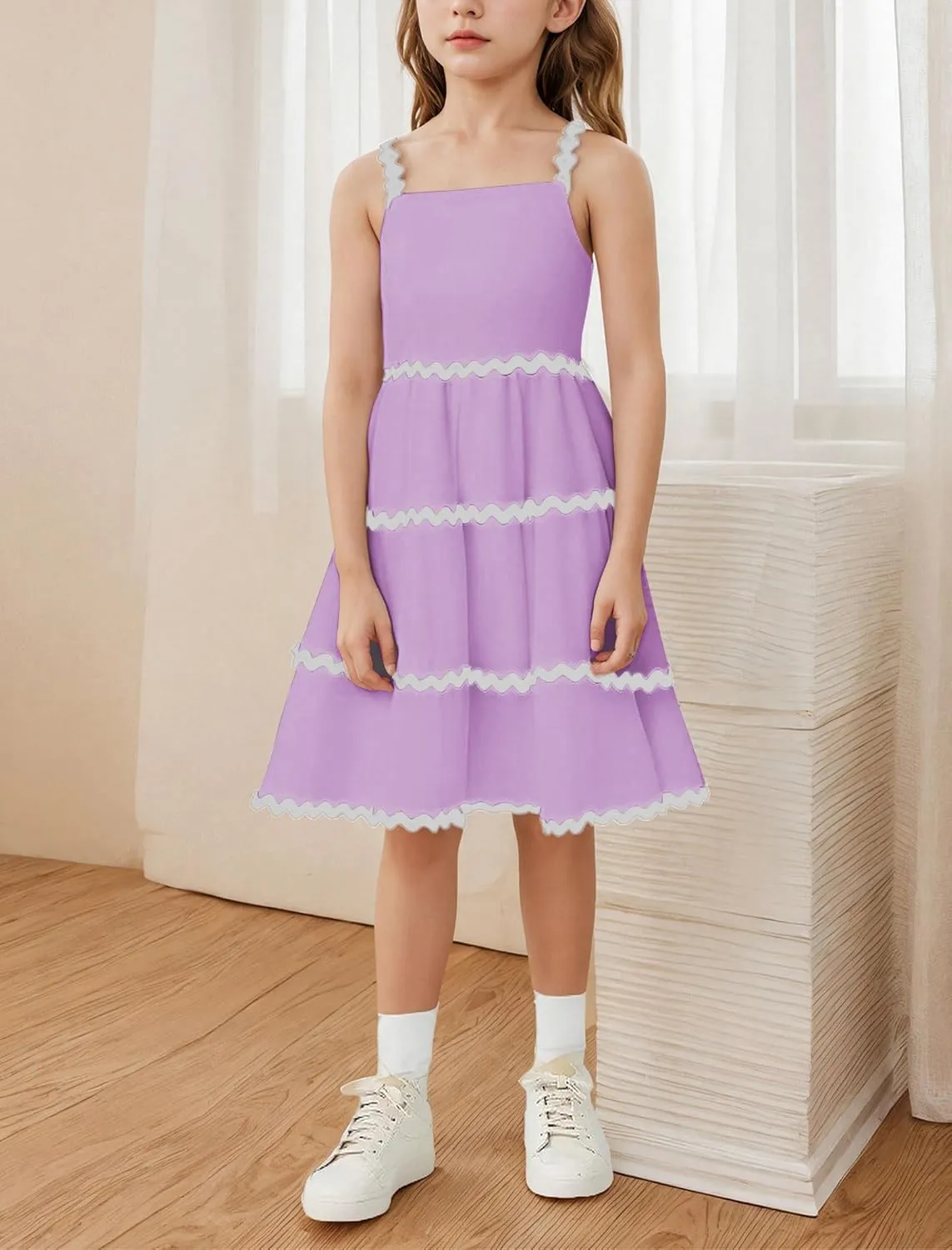 IDOPIP Toddler Girls Casual Dress Spaghetti Straps Rickrack Trim Dress Summer Sleeveless Flowy Smocked A Line Midi Sundress