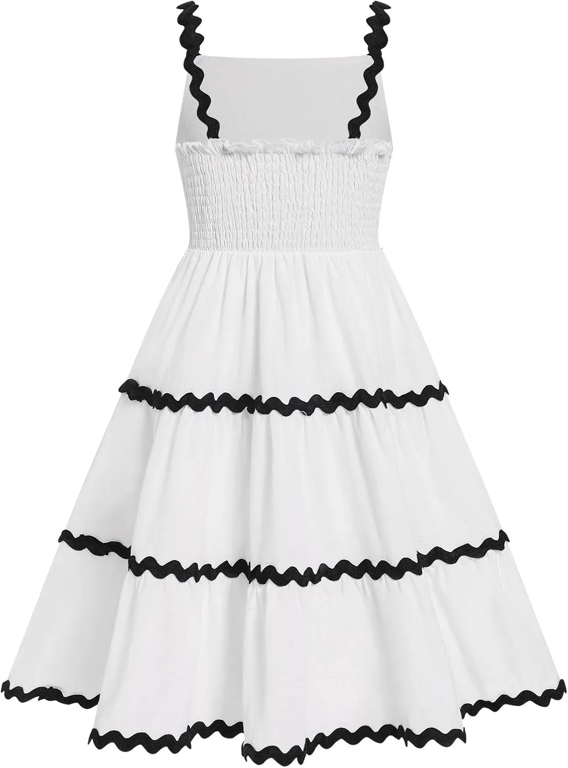 IDOPIP Toddler Girls Casual Dress Spaghetti Straps Rickrack Trim Dress Summer Sleeveless Flowy Smocked A Line Midi Sundress