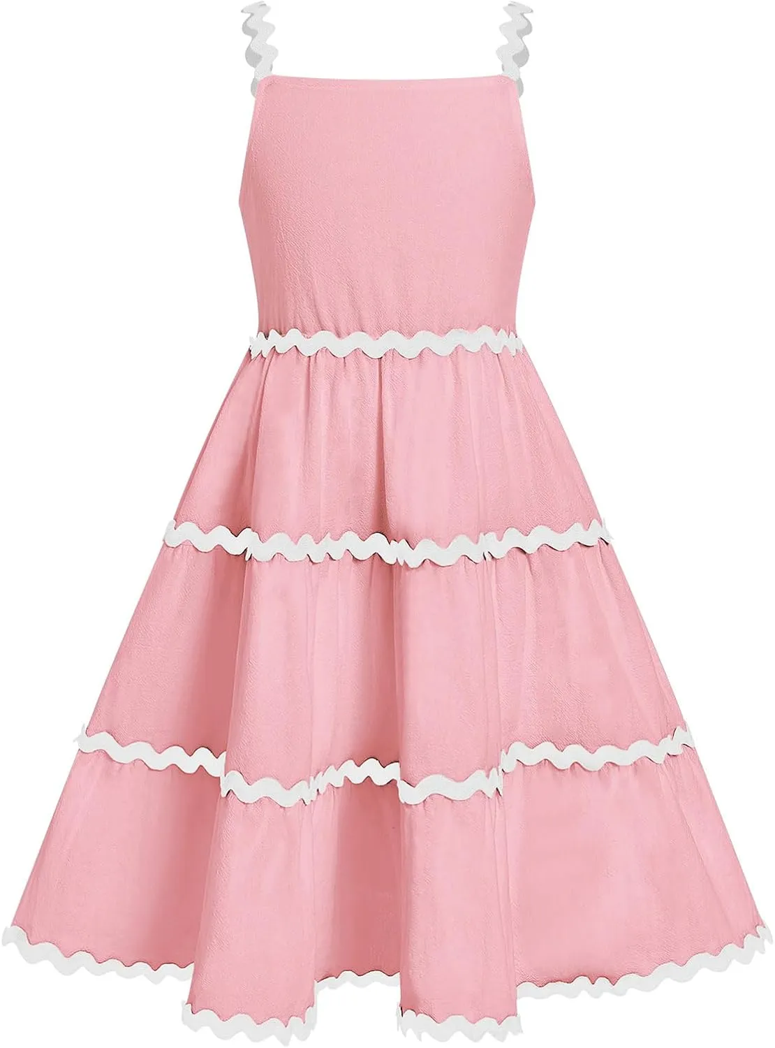 IDOPIP Toddler Girls Casual Dress Spaghetti Straps Rickrack Trim Dress Summer Sleeveless Flowy Smocked A Line Midi Sundress