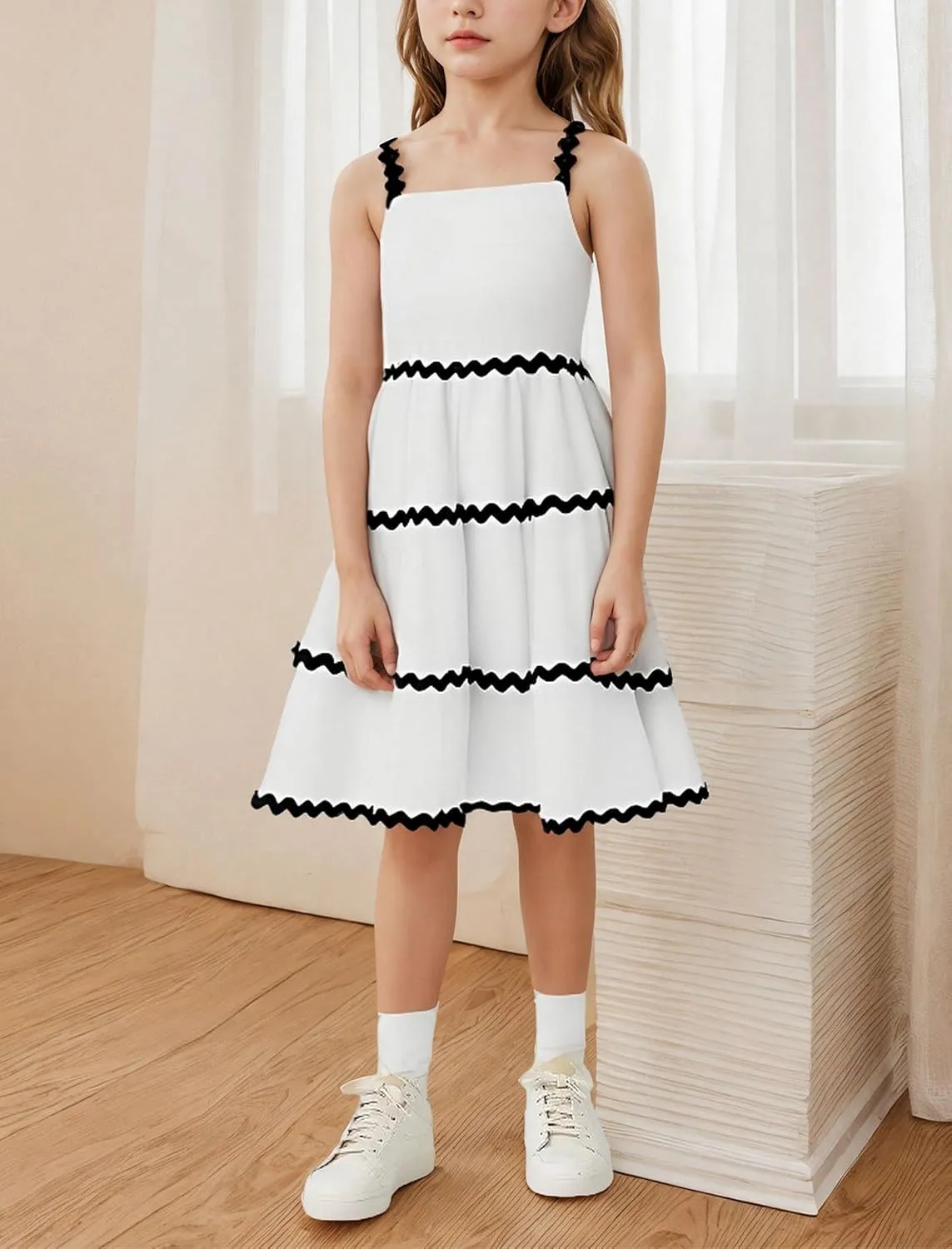 IDOPIP Toddler Girls Casual Dress Spaghetti Straps Rickrack Trim Dress Summer Sleeveless Flowy Smocked A Line Midi Sundress