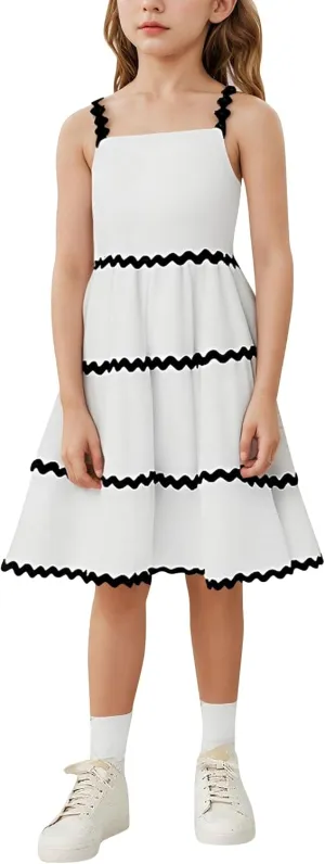 IDOPIP Toddler Girls Casual Dress Spaghetti Straps Rickrack Trim Dress Summer Sleeveless Flowy Smocked A Line Midi Sundress