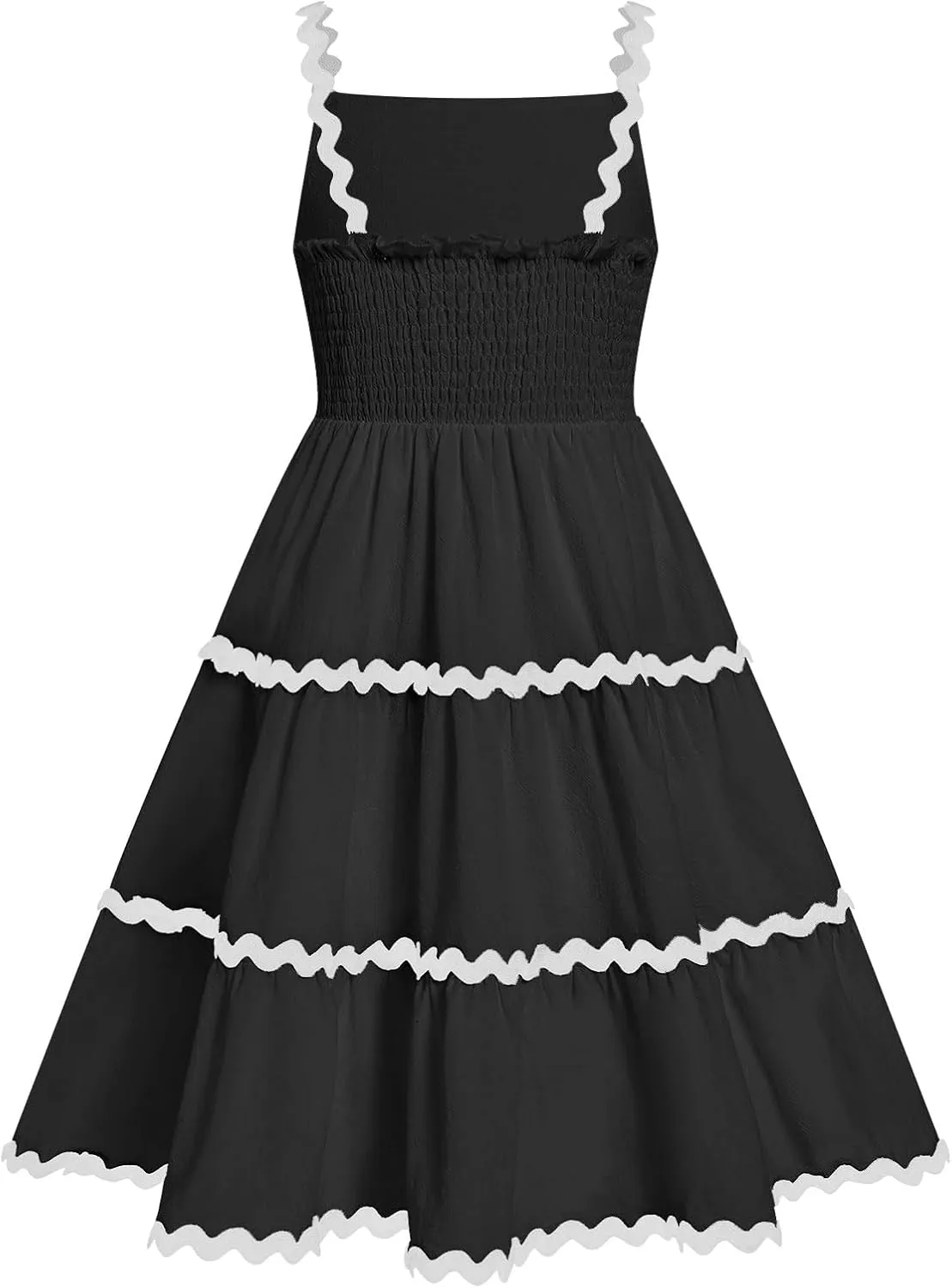 IDOPIP Toddler Girls Casual Dress Spaghetti Straps Rickrack Trim Dress Summer Sleeveless Flowy Smocked A Line Midi Sundress