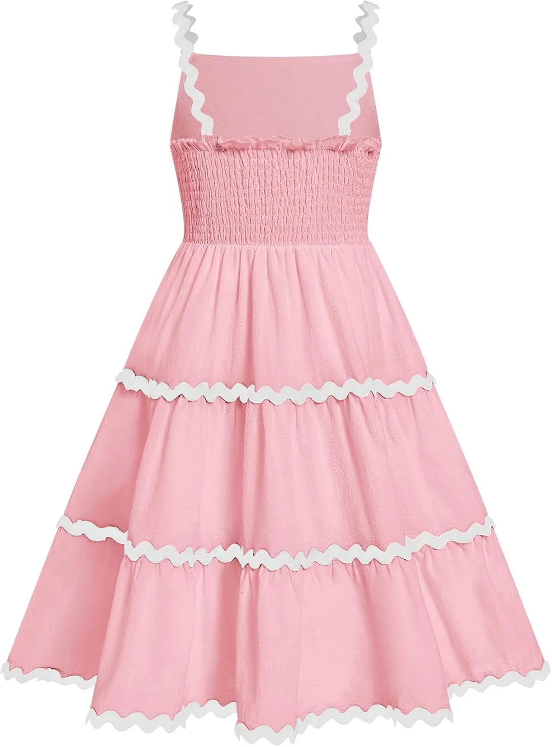 IDOPIP Toddler Girls Casual Dress Spaghetti Straps Rickrack Trim Dress Summer Sleeveless Flowy Smocked A Line Midi Sundress