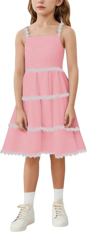 IDOPIP Toddler Girls Casual Dress Spaghetti Straps Rickrack Trim Dress Summer Sleeveless Flowy Smocked A Line Midi Sundress
