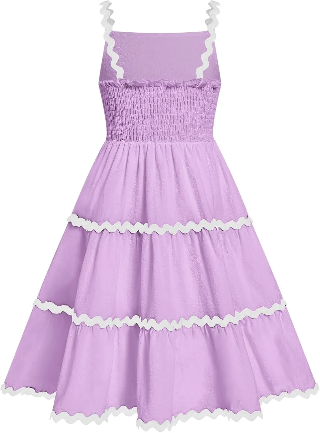 IDOPIP Toddler Girls Casual Dress Spaghetti Straps Rickrack Trim Dress Summer Sleeveless Flowy Smocked A Line Midi Sundress
