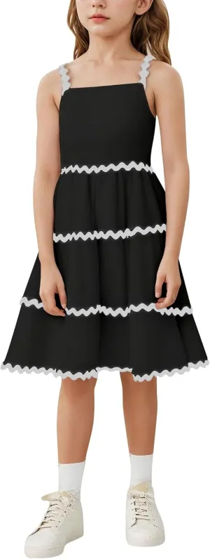 IDOPIP Toddler Girls Casual Dress Spaghetti Straps Rickrack Trim Dress Summer Sleeveless Flowy Smocked A Line Midi Sundress