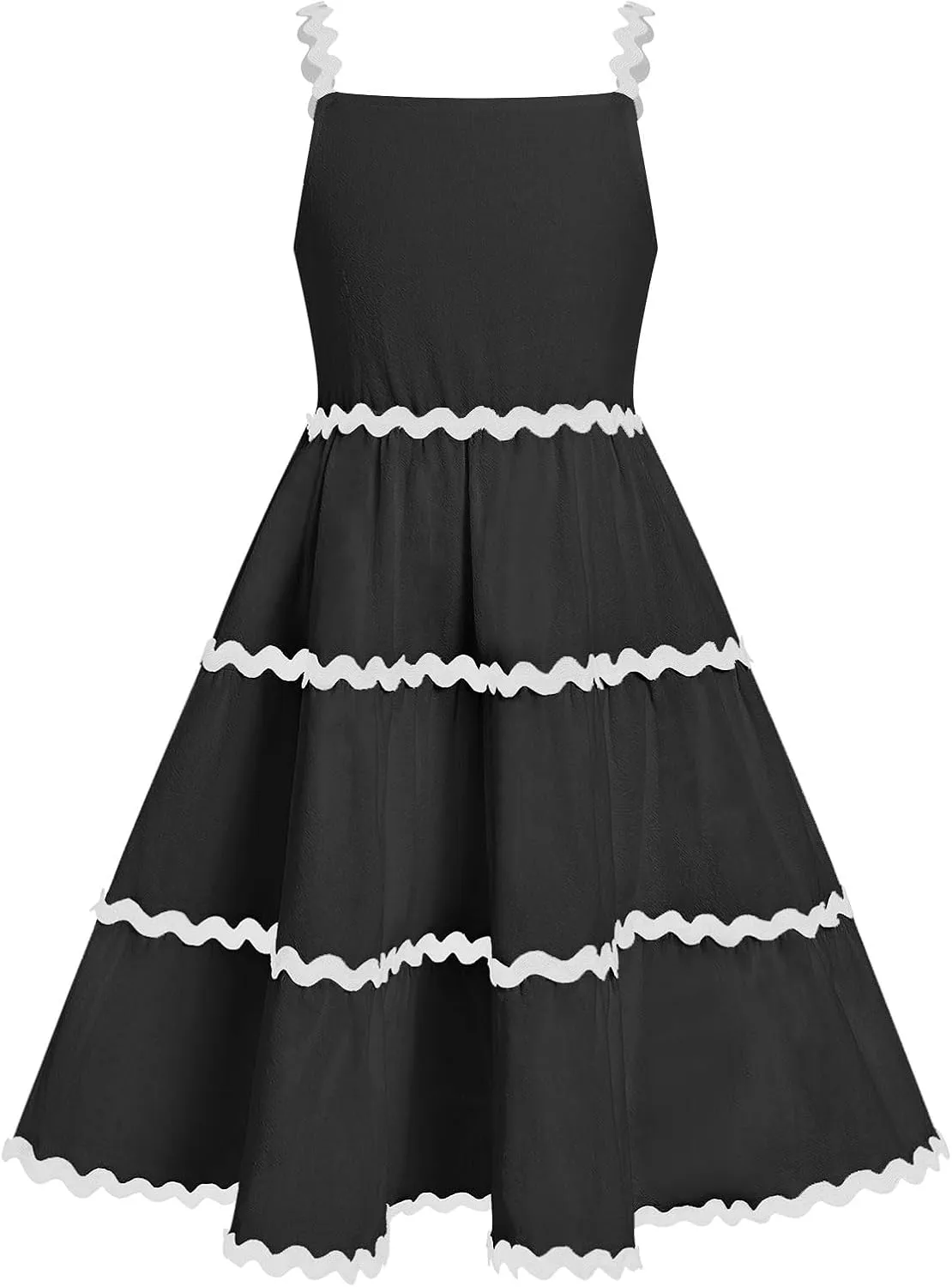IDOPIP Toddler Girls Casual Dress Spaghetti Straps Rickrack Trim Dress Summer Sleeveless Flowy Smocked A Line Midi Sundress
