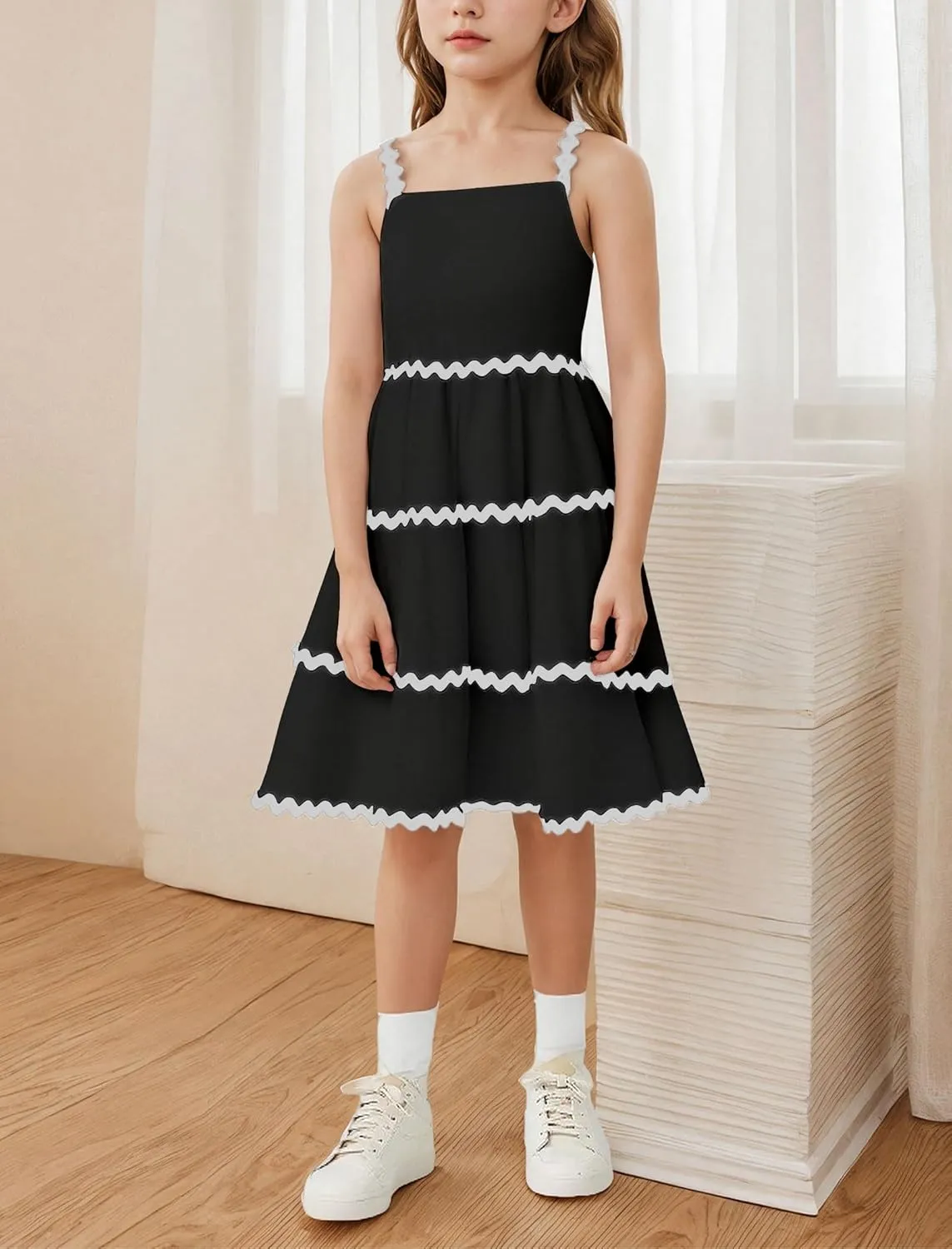 IDOPIP Toddler Girls Casual Dress Spaghetti Straps Rickrack Trim Dress Summer Sleeveless Flowy Smocked A Line Midi Sundress
