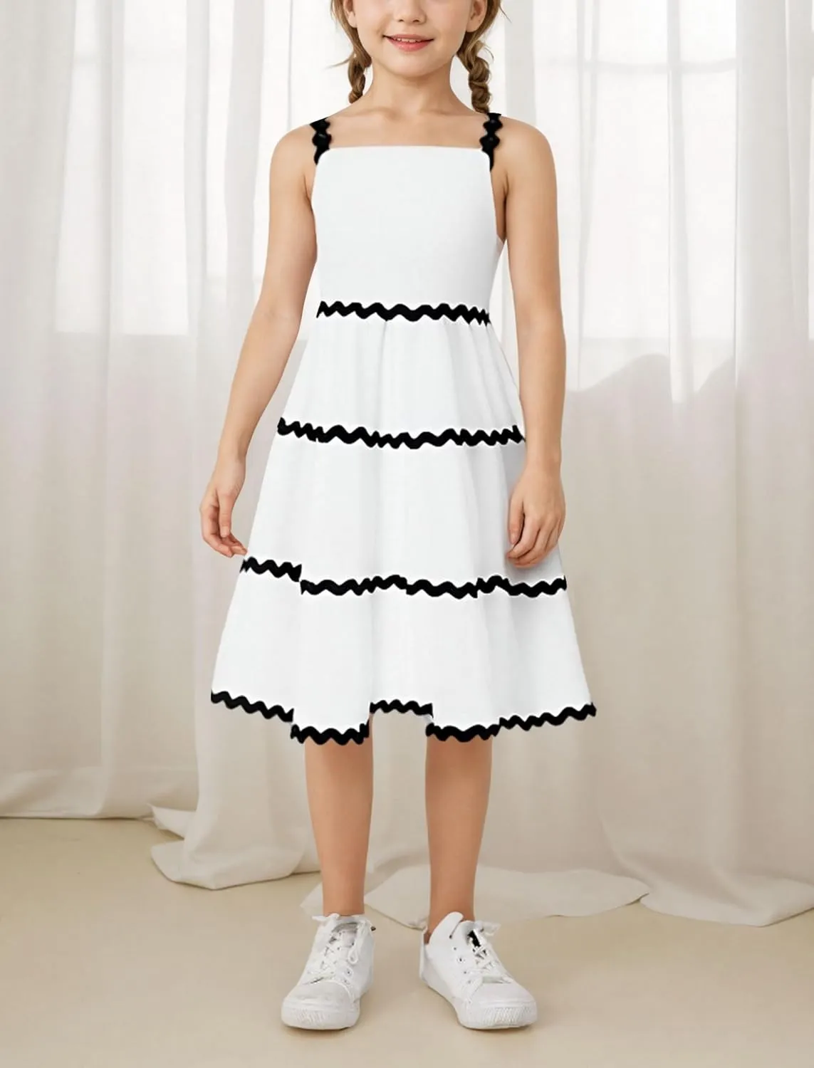 IDOPIP Toddler Girls Casual Dress Spaghetti Straps Rickrack Trim Dress Summer Sleeveless Flowy Smocked A Line Midi Sundress