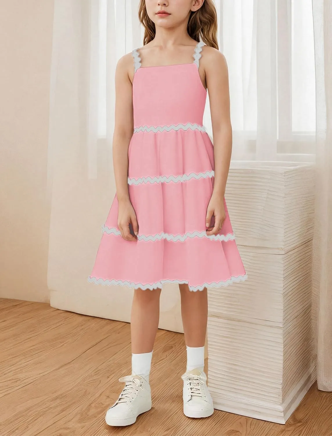 IDOPIP Toddler Girls Casual Dress Spaghetti Straps Rickrack Trim Dress Summer Sleeveless Flowy Smocked A Line Midi Sundress