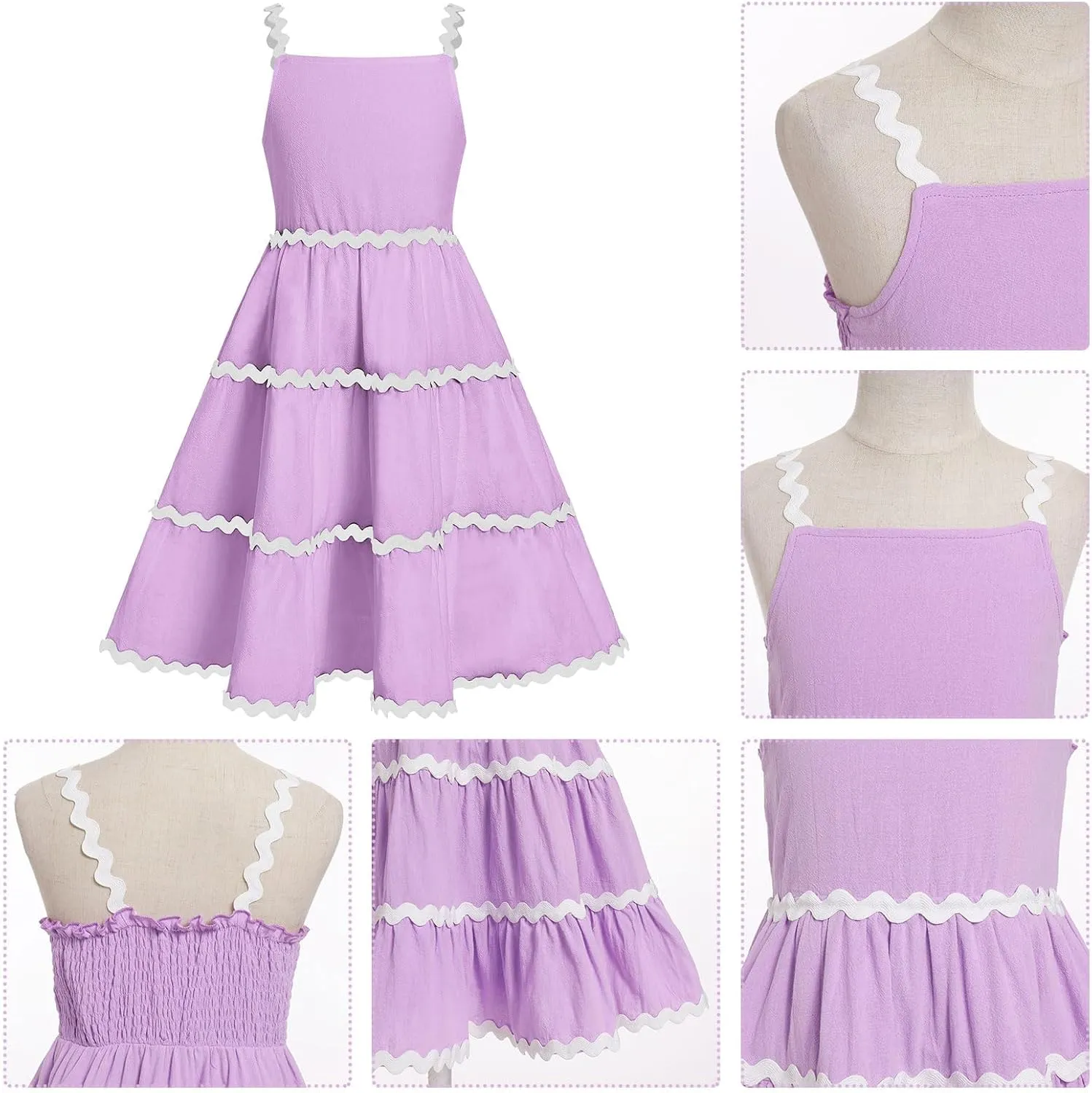 IDOPIP Toddler Girls Casual Dress Spaghetti Straps Rickrack Trim Dress Summer Sleeveless Flowy Smocked A Line Midi Sundress