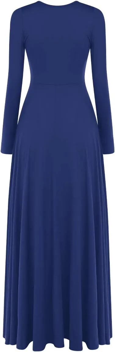 IDOPIP Women Metallic Color Block Praise Full Length Long Sleeve Dance Dress Liturgical Lyrical Dancewear Worship Robe Dress