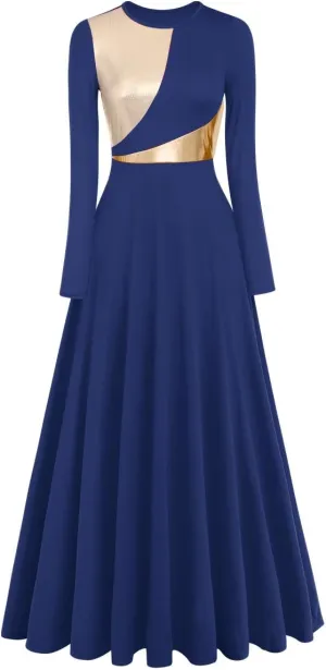 IDOPIP Women Metallic Color Block Praise Full Length Long Sleeve Dance Dress Liturgical Lyrical Dancewear Worship Robe Dress