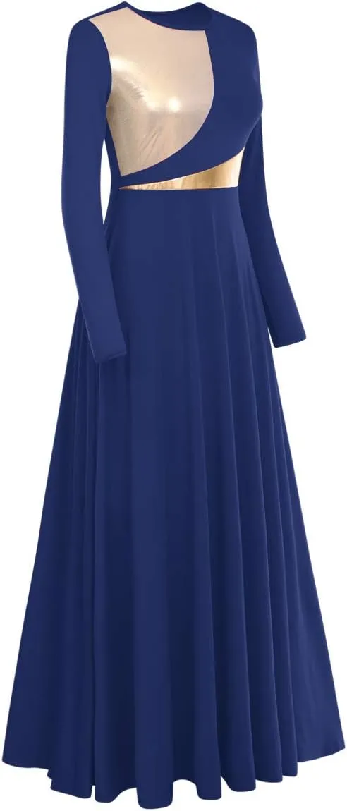 IDOPIP Women Metallic Color Block Praise Full Length Long Sleeve Dance Dress Liturgical Lyrical Dancewear Worship Robe Dress