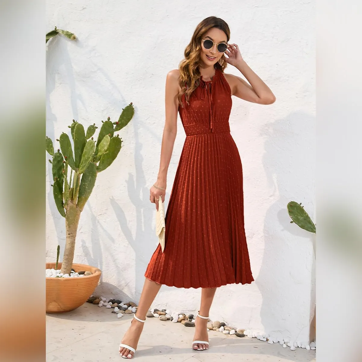 IDOPIP Women Summer Casual Pleated Midi Dress 2024 Tie Neck Swiss Dot Swing Dress Formal Shirred Waist Wedding Guest Dress