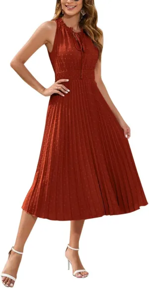 IDOPIP Women Summer Casual Pleated Midi Dress 2024 Tie Neck Swiss Dot Swing Dress Formal Shirred Waist Wedding Guest Dress