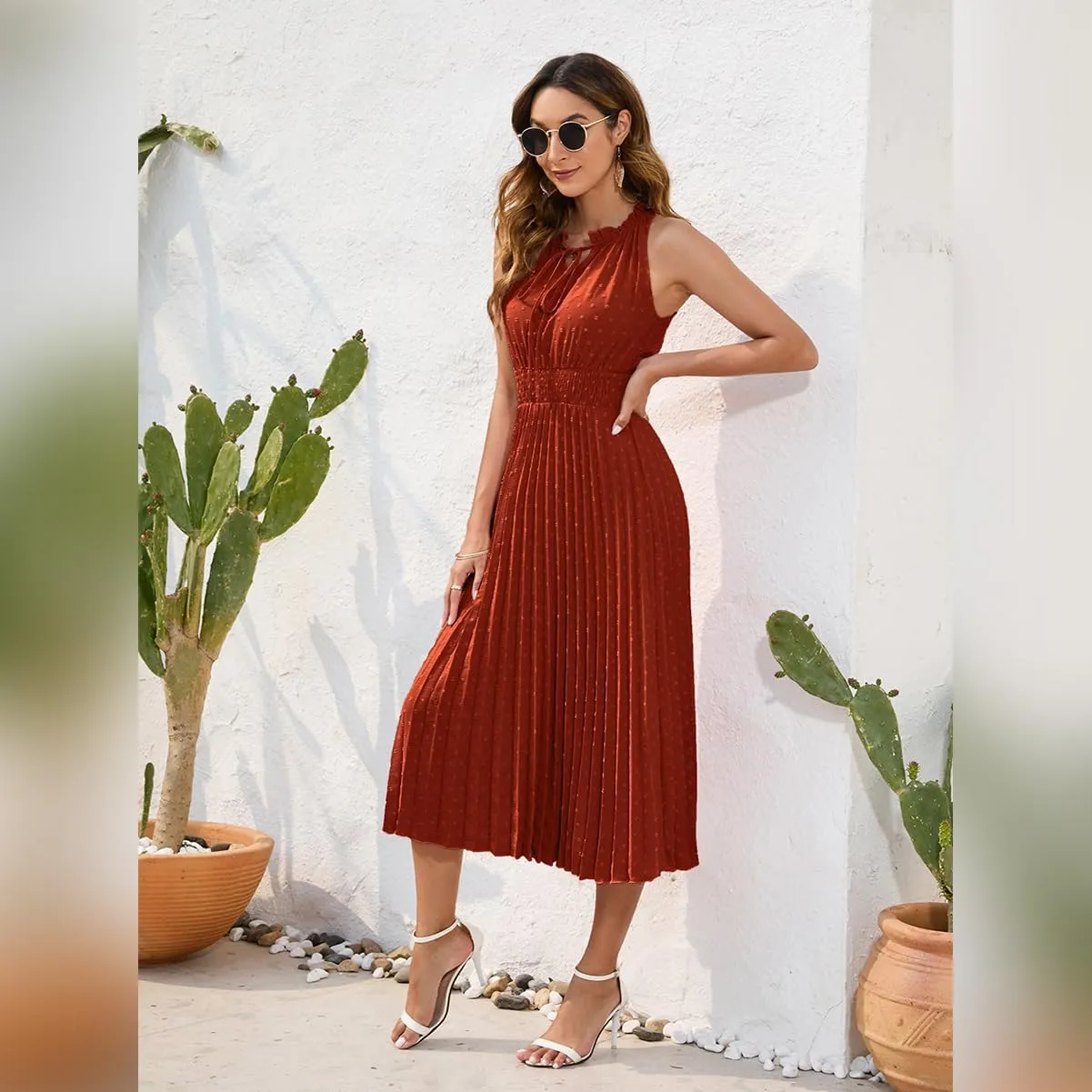IDOPIP Women Summer Casual Pleated Midi Dress 2024 Tie Neck Swiss Dot Swing Dress Formal Shirred Waist Wedding Guest Dress