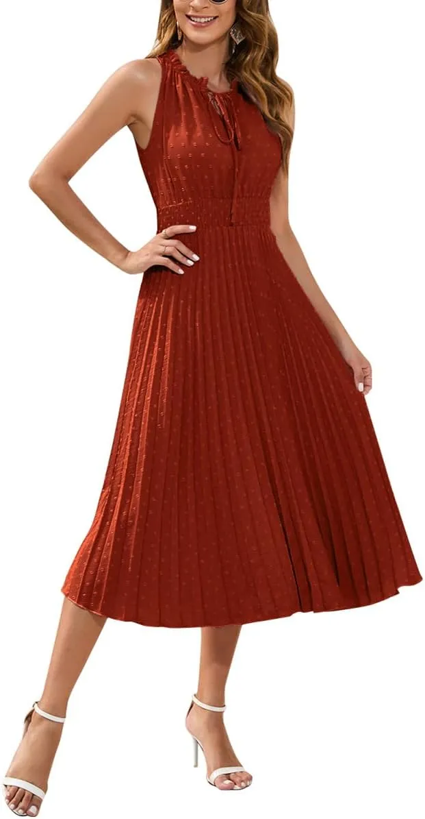 IDOPIP Women Summer Casual Pleated Midi Dress 2024 Tie Neck Swiss Dot Swing Dress Formal Shirred Waist Wedding Guest Dress