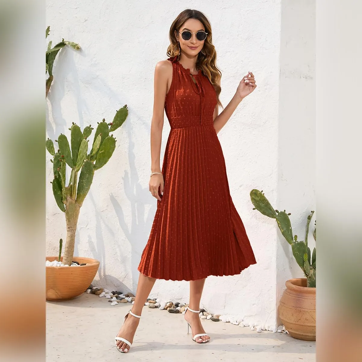 IDOPIP Women Summer Casual Pleated Midi Dress 2024 Tie Neck Swiss Dot Swing Dress Formal Shirred Waist Wedding Guest Dress