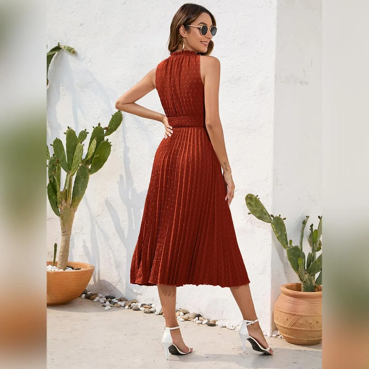 IDOPIP Women Summer Casual Pleated Midi Dress 2024 Tie Neck Swiss Dot Swing Dress Formal Shirred Waist Wedding Guest Dress