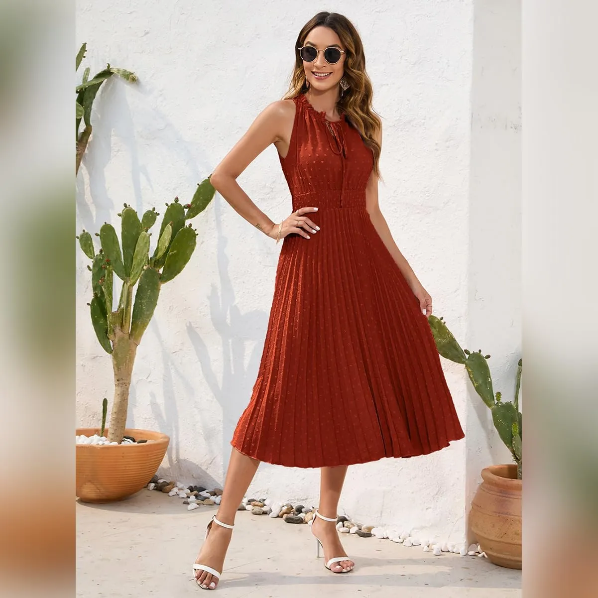 IDOPIP Women Summer Casual Pleated Midi Dress 2024 Tie Neck Swiss Dot Swing Dress Formal Shirred Waist Wedding Guest Dress
