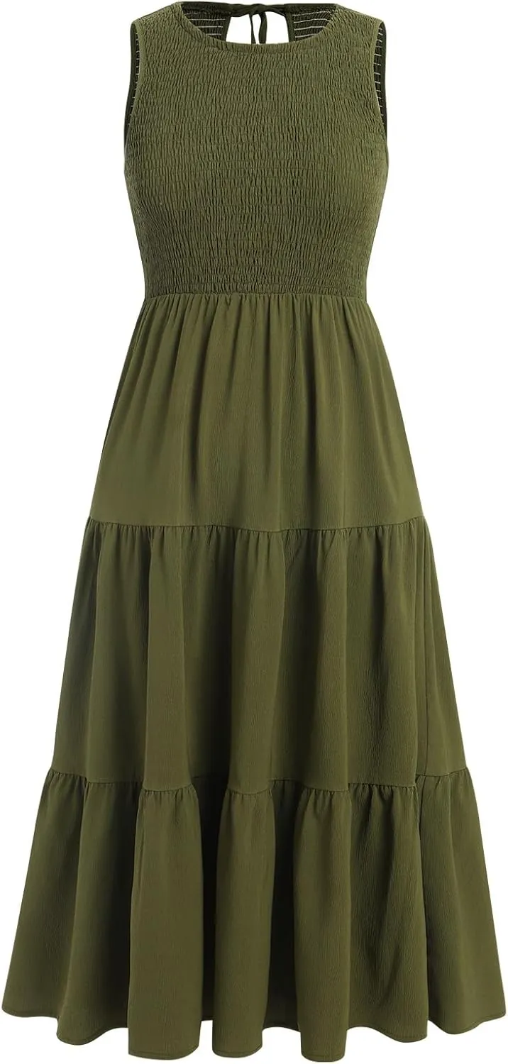 IDOPIP Women's Smocked Ruffle Dress Summer Casual Maxi Dresses with Pockets 2024 Spring Sleeveless Tiered Long Beach Sundress