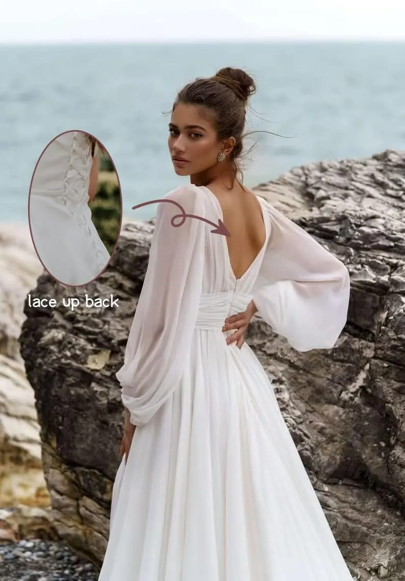 IIF Long Sleeve Bridesmaid Dresses for Wedding Chiffon Deep V Neck Formal Dresses for Women with Slit IIF010