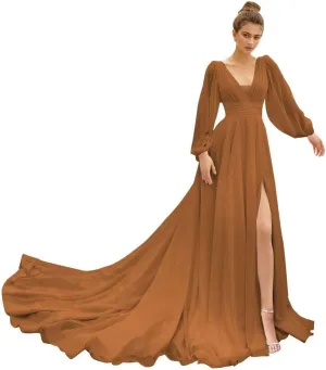 IIF Long Sleeve Bridesmaid Dresses for Wedding Chiffon Deep V Neck Formal Dresses for Women with Slit IIF010