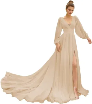 IIF Long Sleeve Bridesmaid Dresses for Wedding Chiffon Deep V Neck Formal Dresses for Women with Slit IIF010