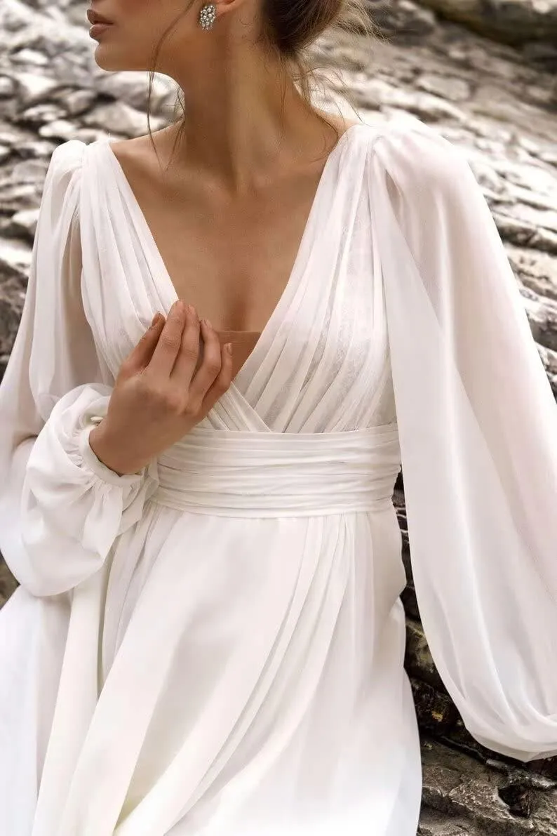 IIF Long Sleeve Bridesmaid Dresses for Wedding Chiffon Deep V Neck Formal Dresses for Women with Slit IIF010