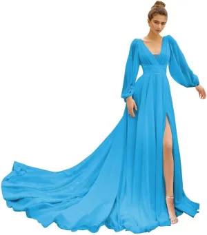IIF Long Sleeve Bridesmaid Dresses for Wedding Chiffon Deep V Neck Formal Dresses for Women with Slit IIF010