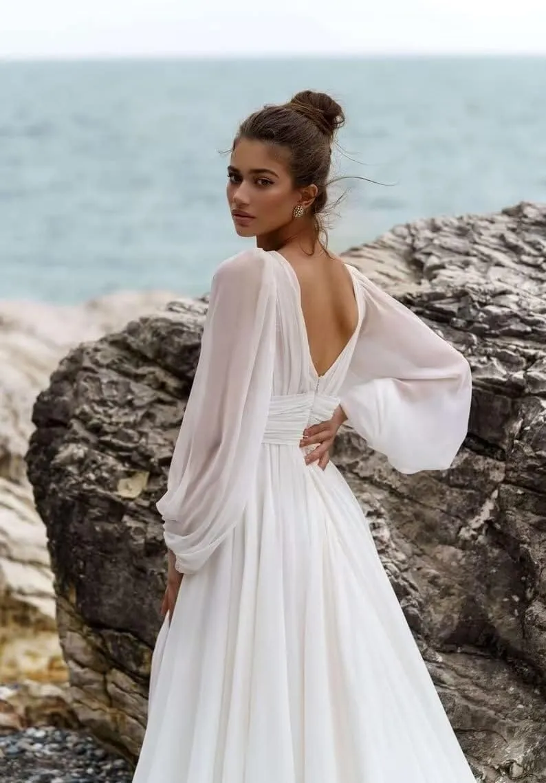 IIF Long Sleeve Bridesmaid Dresses for Wedding Chiffon Deep V Neck Formal Dresses for Women with Slit IIF010