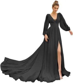 IIF Long Sleeve Bridesmaid Dresses for Wedding Chiffon Deep V Neck Formal Dresses for Women with Slit IIF010