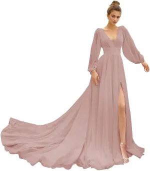 IIF Long Sleeve Bridesmaid Dresses for Wedding Chiffon Deep V Neck Formal Dresses for Women with Slit IIF010