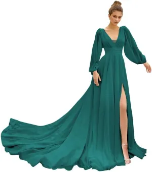 IIF Long Sleeve Bridesmaid Dresses for Wedding Chiffon Deep V Neck Formal Dresses for Women with Slit IIF010