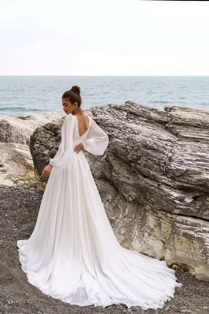 IIF Long Sleeve Bridesmaid Dresses for Wedding Chiffon Deep V Neck Formal Dresses for Women with Slit IIF010