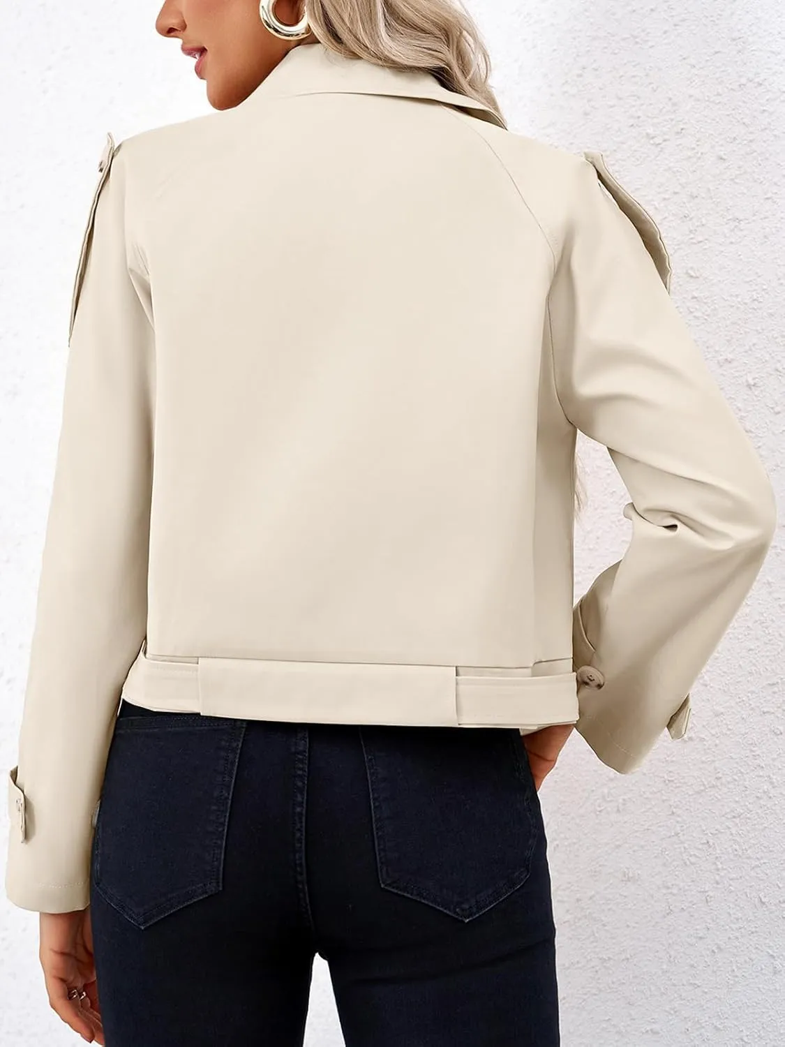 Imily Bela Womens Lapel Trench Coat Double Breasted Cropped Jacket Casual Outwear with Belt