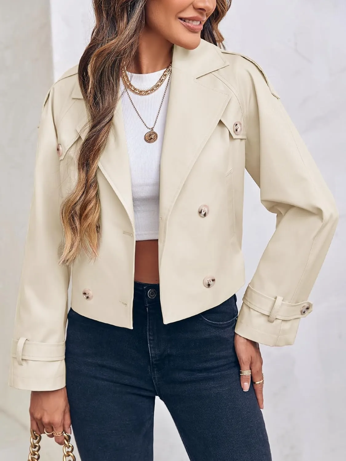 Imily Bela Womens Lapel Trench Coat Double Breasted Cropped Jacket Casual Outwear with Belt