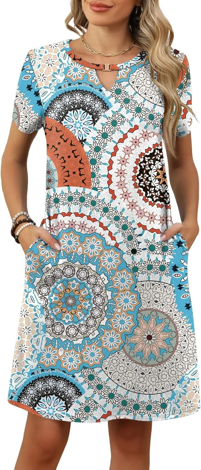 Ivicoer Summer Dresses for Women 2025 Short Sleeve Dress A-Line Mini Dress with Pockets