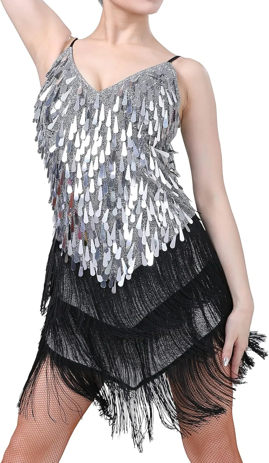 IWEMEK Women Salsa Latin Dance Dress Sequin Tassel Fringe Flapper Dress Spaghetti Straps 1920s Tango Ballroom Dancing Costume