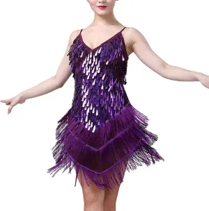 IWEMEK Women Salsa Latin Dance Dress Sequin Tassel Fringe Flapper Dress Spaghetti Straps 1920s Tango Ballroom Dancing Costume