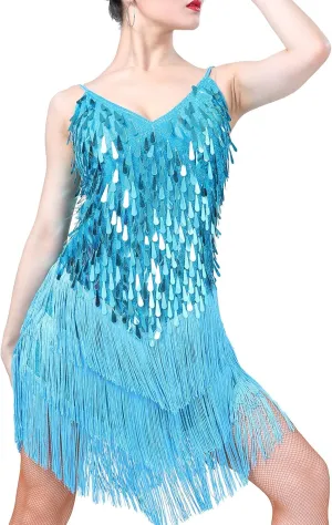 IWEMEK Women Salsa Latin Dance Dress Sequin Tassel Fringe Flapper Dress Spaghetti Straps 1920s Tango Ballroom Dancing Costume