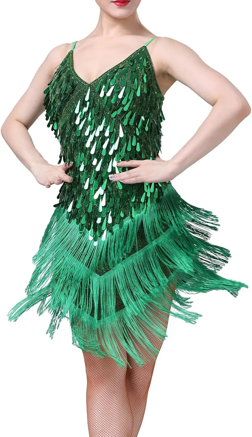 IWEMEK Women Salsa Latin Dance Dress Sequin Tassel Fringe Flapper Dress Spaghetti Straps 1920s Tango Ballroom Dancing Costume