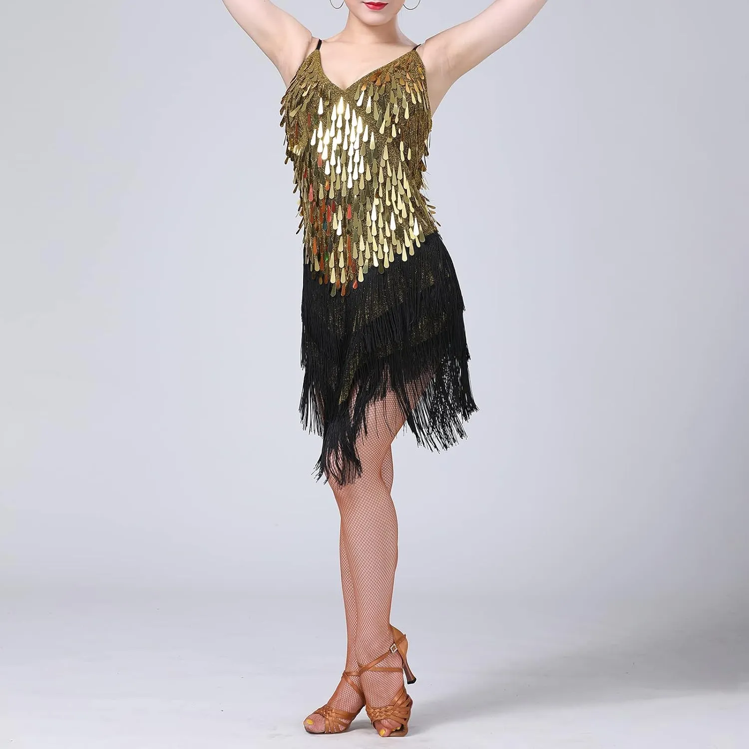 IWEMEK Women Salsa Latin Dance Dress Sequin Tassel Fringe Flapper Dress Spaghetti Straps 1920s Tango Ballroom Dancing Costume